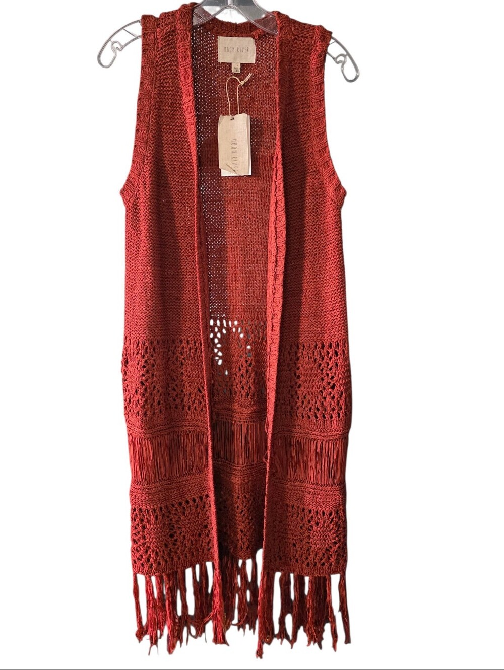 Moon River Rust Color Longline Crochet/Knit Duster Vest W/Fringe Size Small